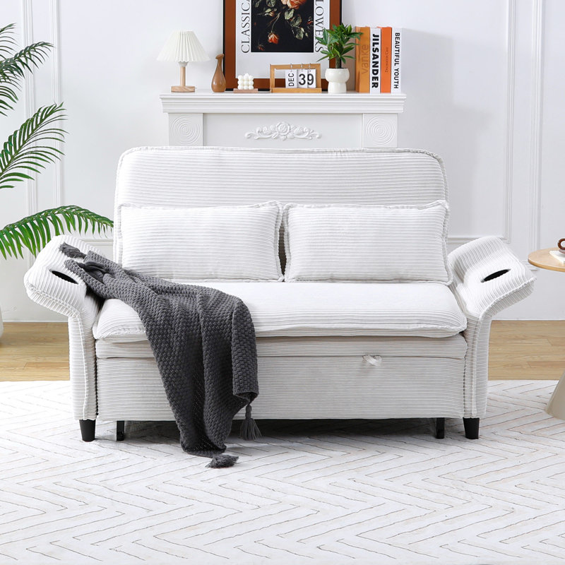 65"W Upholstered 3-in-1 Sofa Bed Convertible Sleeper with Adjustable Backrest and Armrests, White