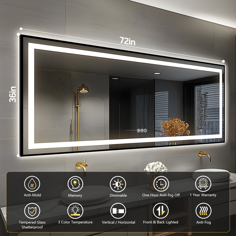 Adorna UL Certified Dimmable LED Bathroom Mirror with 3-Color Lighting, Anti-Fog & Sleek Black Frame, 72" x 36"