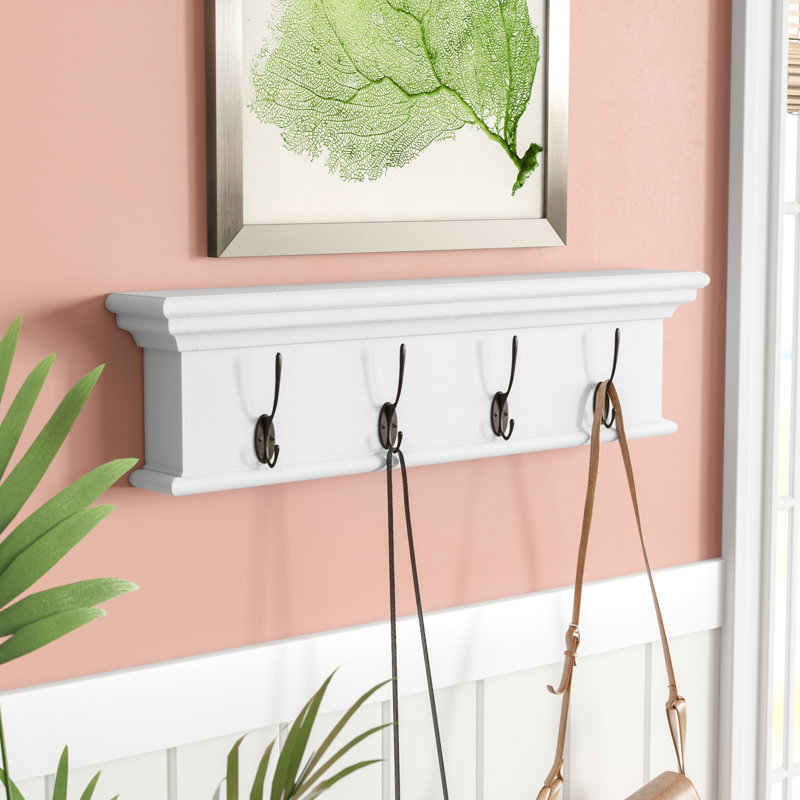 28" Solid Wood Four Hook Wall Mount Coat Rack, Pure White