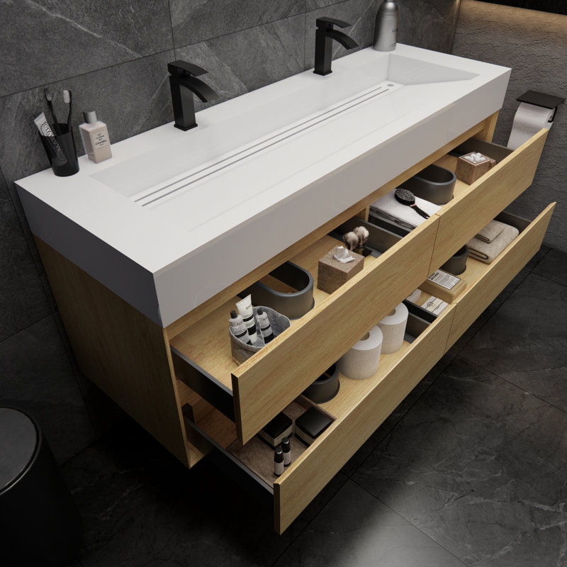 Albizu 59" Wall-Mounted Double Bathroom Vanity, Brown