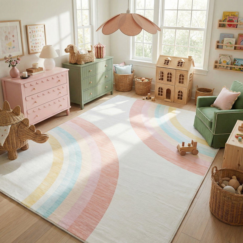 Tapis à motif arc-en-ciel rose / crème pour enfant 7 pi x 10 pi (6 pi 7 po x 9 pi 6 po) Branch Marlow