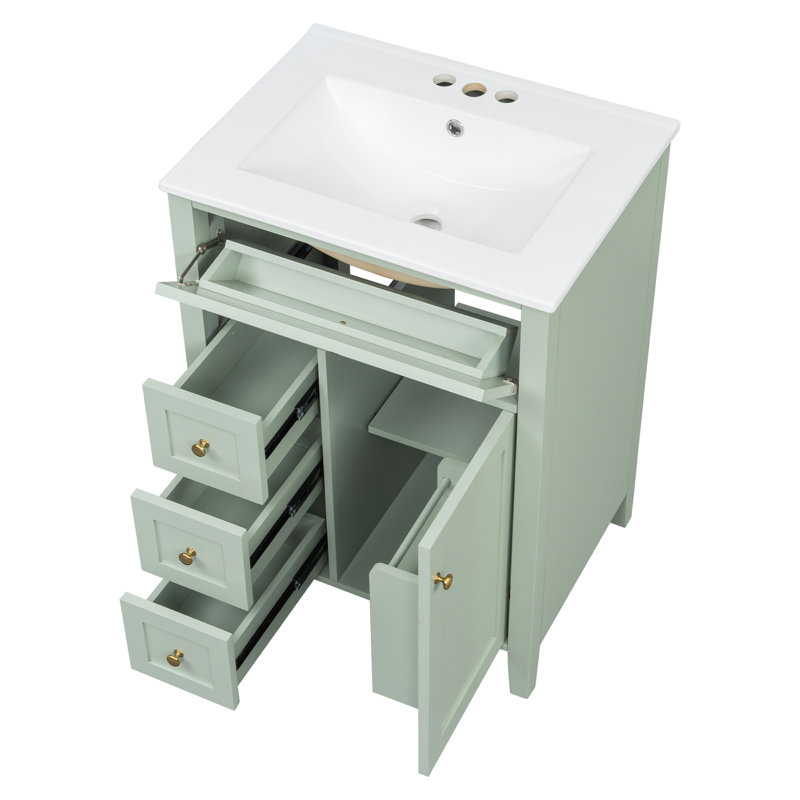 24'' Freestanding Bathroom Vanity With Ceramic Top, Green