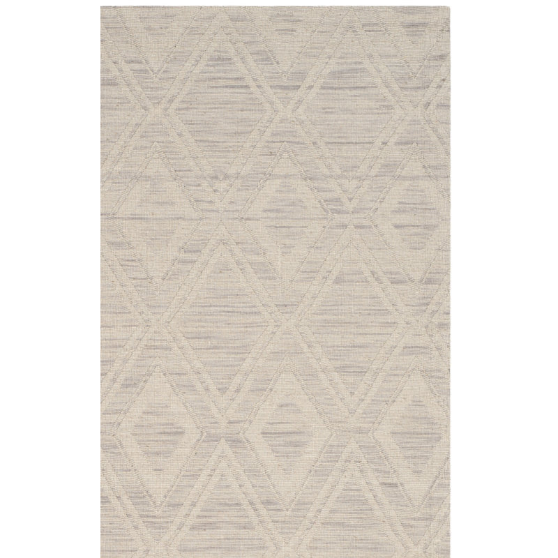 Tapis argenté / ivoire en laine tissé à la main à motif géométrique Amritpal, Rectangle 4 pi x 6 pi