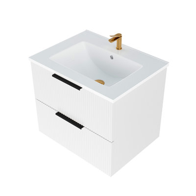 Meuble-lavabo flottant mural blanc de 18 à 20 po avec lavabo en céramique, deux tiroirs, panneau multicouche, grand rangement facile pour 24 armoires, tableau
