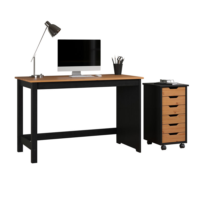 SOLID WOOD DESK & ROLL CART SET BLACK & NATURAL HONEY