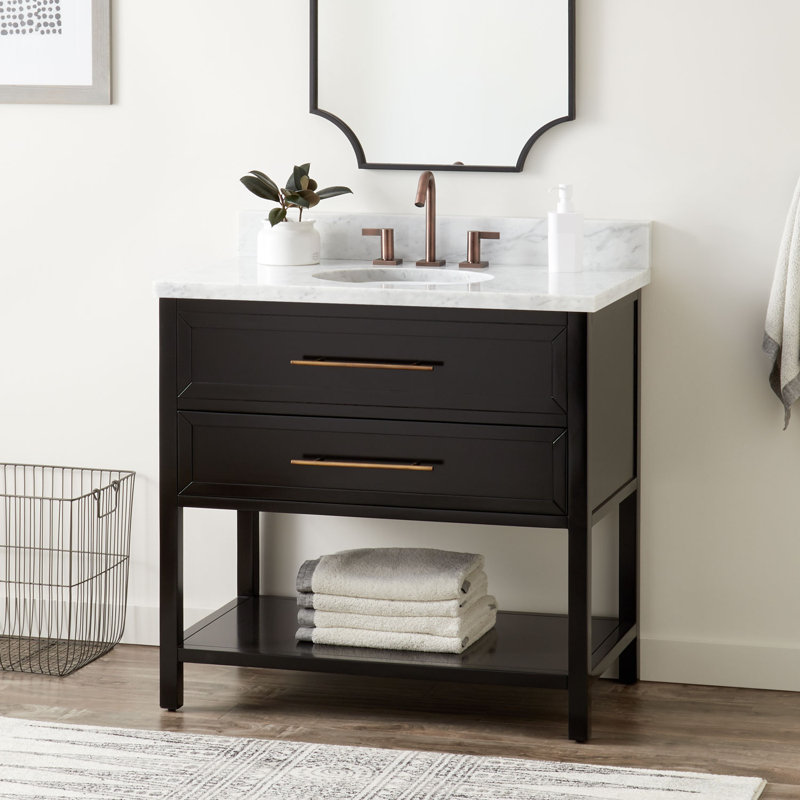 36" Robertson Single Bathroom Vanity Set with Oval Undermount Sink, 8" Widespread, Carrara Marble, Black