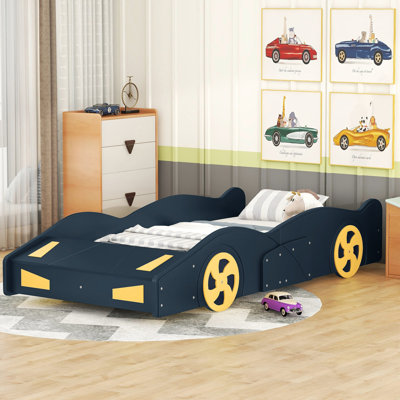 Lit de voiture de course simple avec rangement pratique et durabilité à long terme - bleu foncé et jaune, fabrication en bois pour une utilisation dans la chambre à coucher de style plateforme, pas de sommier tapissier requis