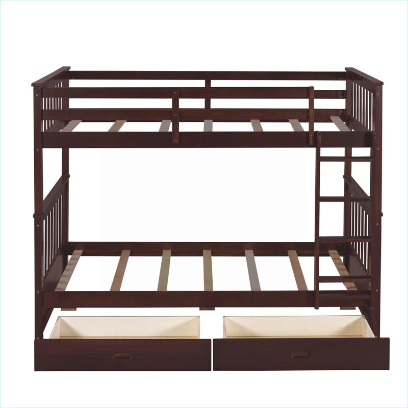 Space-Saving Split Level Twin Over Twin Solid Wood Bunk Bed with Ladder and Two Storage Drawers, Warm Brown, Twin