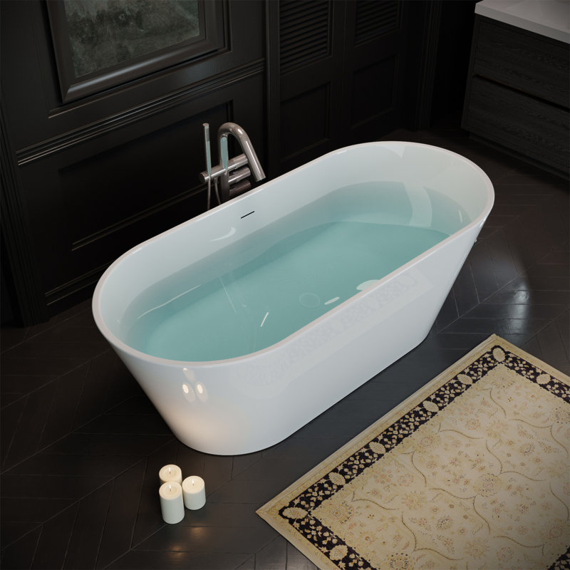 Baignoire autoportante de 60 po en acrylique, baignoire autoportante ovale avec drain chromé Toe-Tap et trop-plein à fente classique, certifié Cupc, blanc brillant 25A02-60