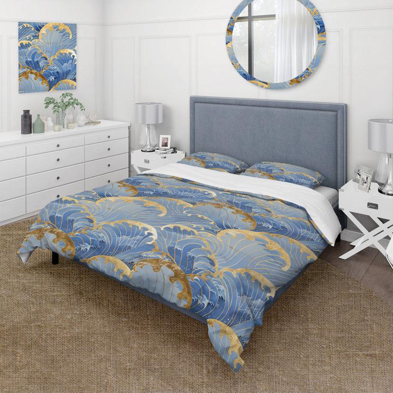 Ensemble de housse de couette Gold Blue Coastal Waves - Coastal, Housse de couette très grand + 2 taies décorativ