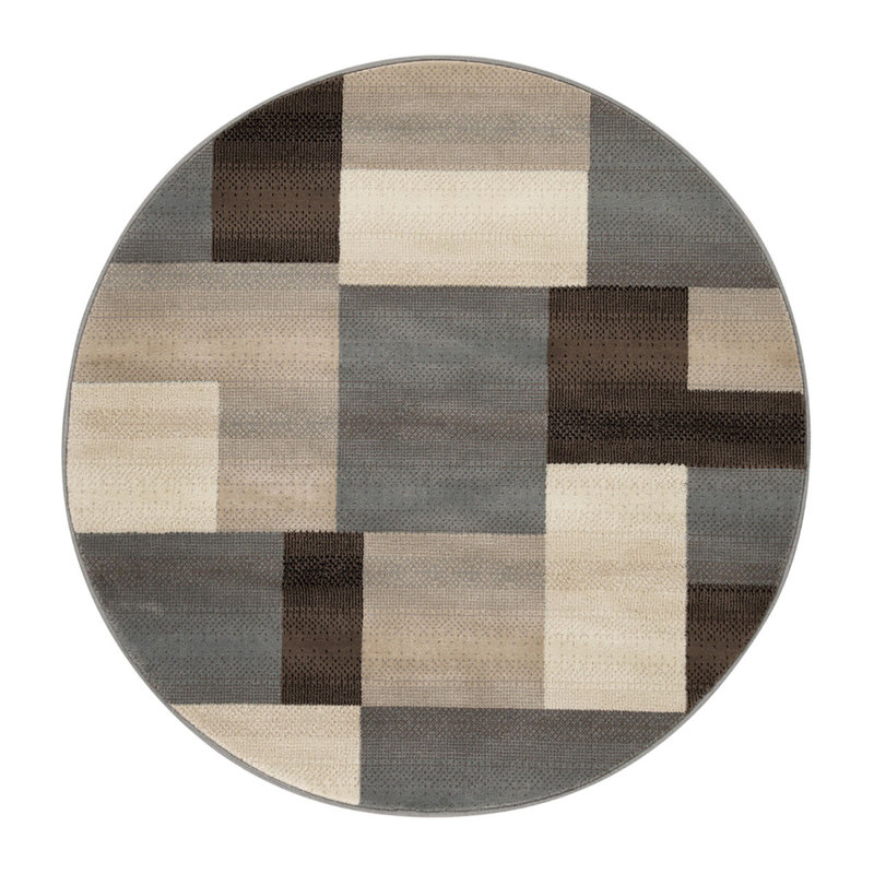 Grey-Brown Round Patchwork Power Loom Stain Resistant Area Rug, Round 5'