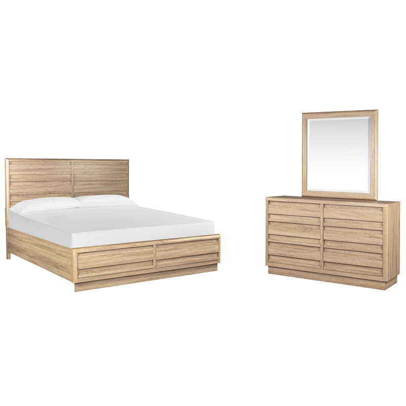 Très grand lit à panneau de rangement et commode double avec miroir Portrait Headen, Très grand
