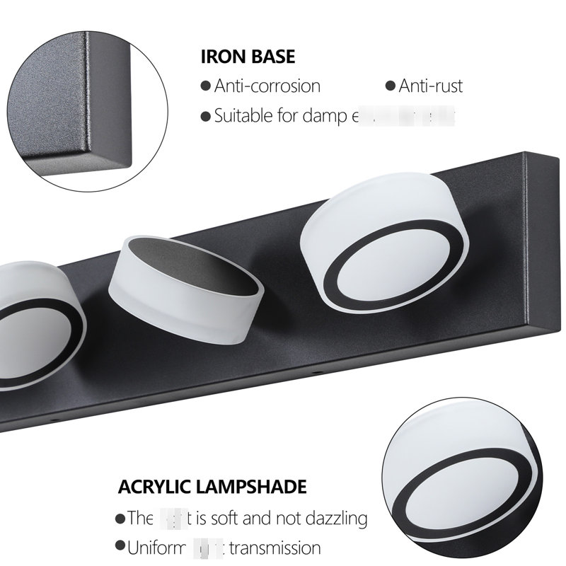 Luminaires de salle de bain à DEL avec miroir - noir 6, à intensité variable, rotatif, économie d'énergie, facile à assembler à 6 lumières murales de salle de bain à intensité variable, DEL, conception rotative, économie d'énergie, installation et montage simples