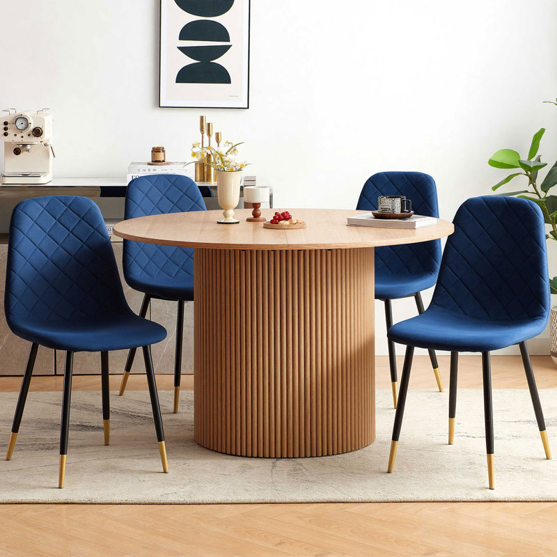 5-Piece Dining Table Set,  Wooden Kitchen Table With Upholstered Velvet Chairs, Blue, Natural Oak