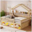 Lit double pour enfant avec garde-corps de sécurité, tiroir de rangement et lumière DEL, naturel
