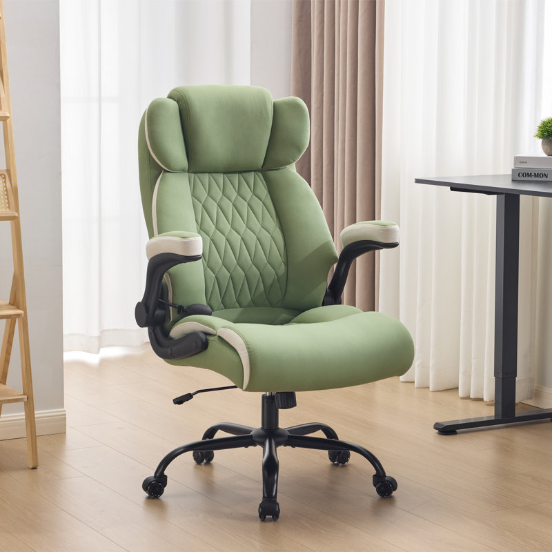 Fauteuil de bureau ergonomique, fauteuil de direction avec accoudoirs rabattables en tissu vert, Vert