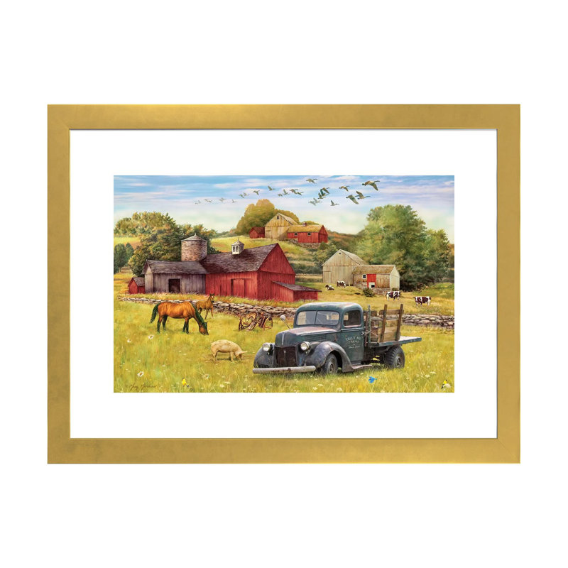 «Tally Ho Farms and Truck» par Greg & Company, reproduction sur toile, Blanc, H 16 po x l 24 po x P 1 po, Papier encadré doré