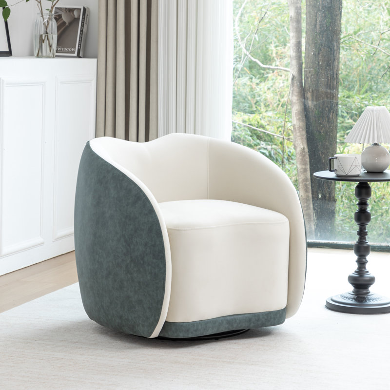 Aastha Velvet Upholstered Swivel Barrel Chair, Navy/White