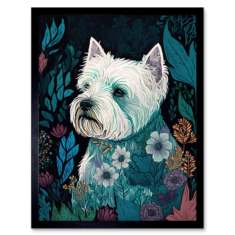 West Highland White Terrier In Flowers Dark Multicoloured Linocut - Single Picture Frame Print