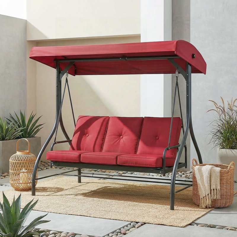 Balancelle d'extérieur pour 3 personnes avec auvent et support réglables, balançoire convertible en lit plat 2 en 1, banc de balançoire de patio avec coussins épais, structure en acier robuste, résistante aux intempéries, pour jardin, cour, terrasse