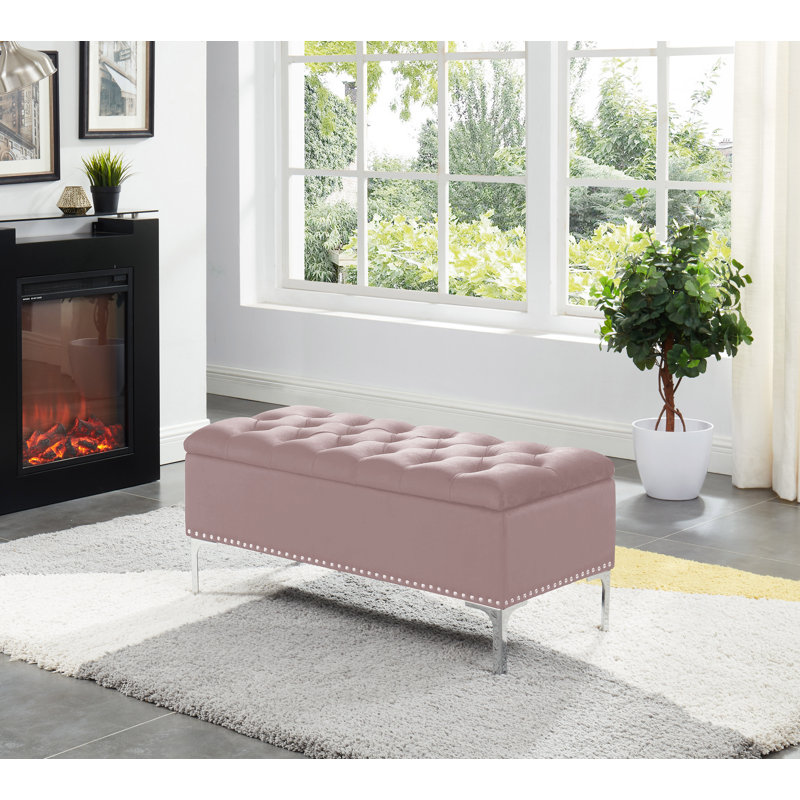 Carmel Velvet Upholstered Storage Bench, Baby Pink