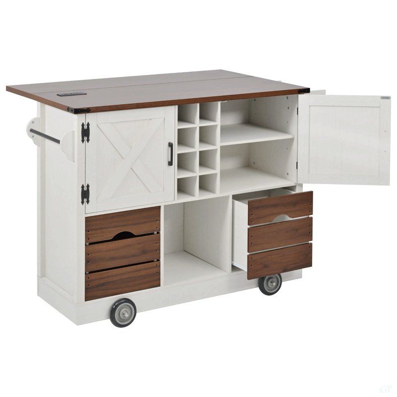 54" Farmhouse Kitchen Island With Drop Leaf, Power Outlet, Kitchen Storage Cart With 2 Doors, 2 Drawers, Rolling Kitchen Island On 4 Large Wheels With Spice Rack For Kitchen, Dining Room