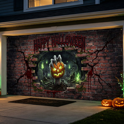 Bannière de porte de garage d'Halloween effrayante de 2,13 m × 4,88 m (7 × 16 pi), décoration d'Halloween avec motif de citrouille.