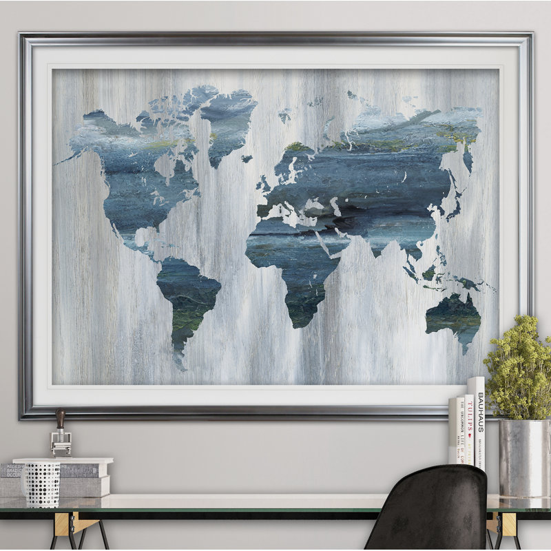 Textural World Map - Picture Frame Print, Silver, 30" H x 40" W x 1.5" D