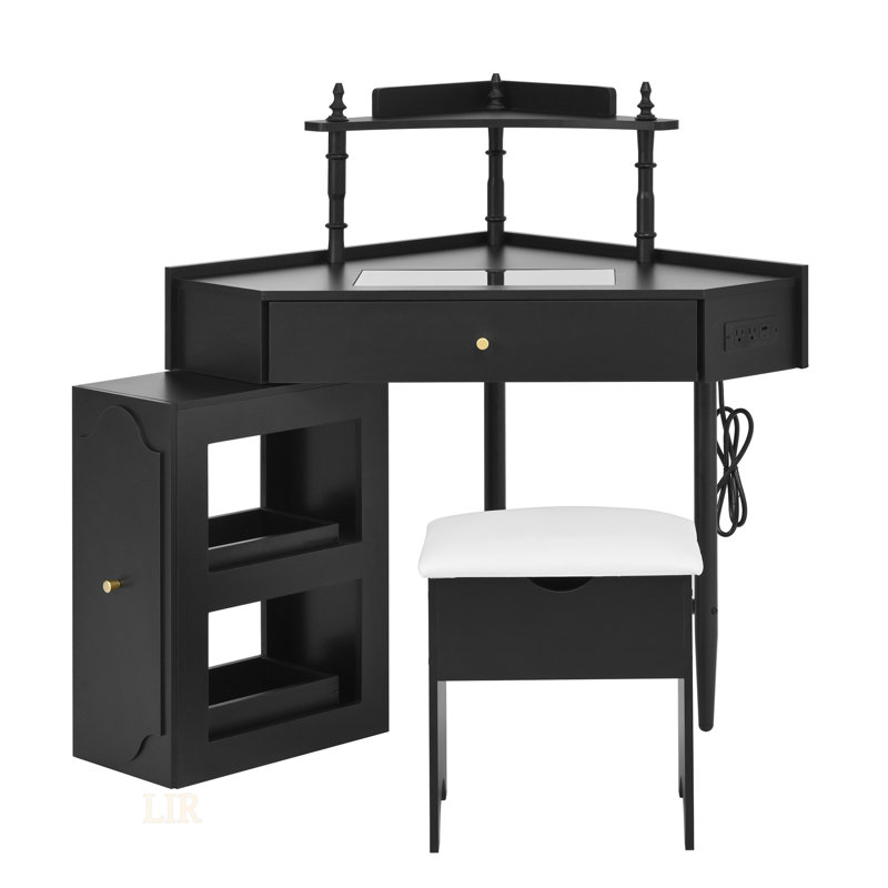 Corner Vanity Desk Set With Storage, Cushioned Stool, And Charging Station, Ideal For Modern Makeup And Workspace Efficiency