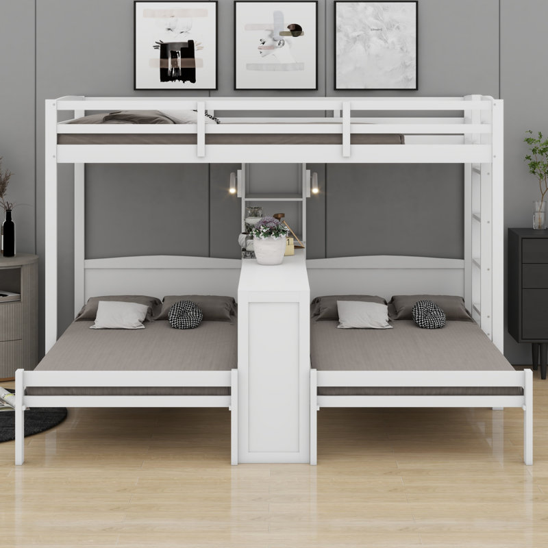 Multi-Functional Wood Bunk Bed with Desk, Storage Shelves, Reading Lamp, White