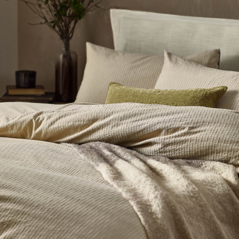 Malton Stripe Cotton Striped Duvet Cover Set with Pillowcases, Beige, Double Duvet Cover + 2 Standard Pillowcases