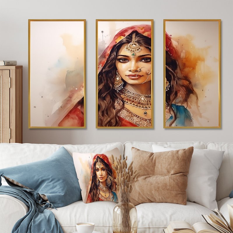 Art indien sur toile, femme indienne, Cadre flottant doré, H 28 po x l 36 po