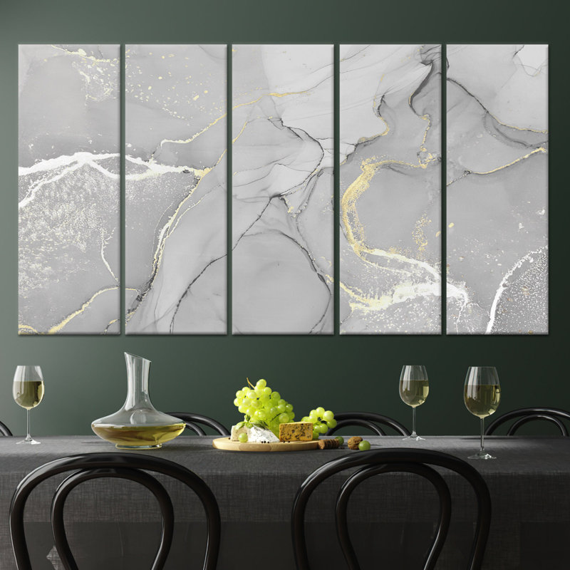 Élégant art mural en marbre gris: toile imprimée or, toile tendue 5P, H: 59,1 po x l: 98,4 po