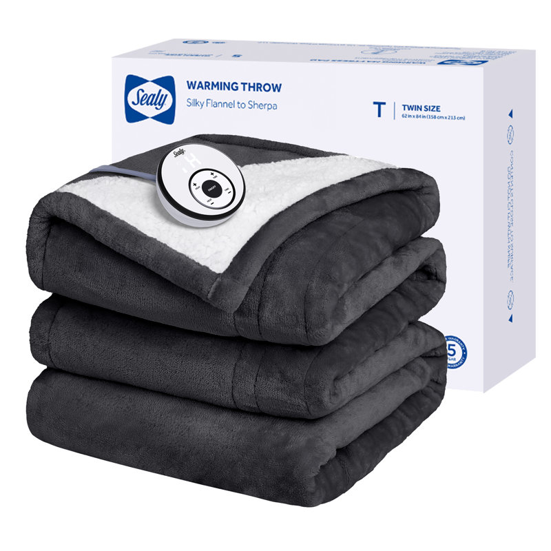 Sealy Flannel & Sherpa Heated Blanket, Twin, Black