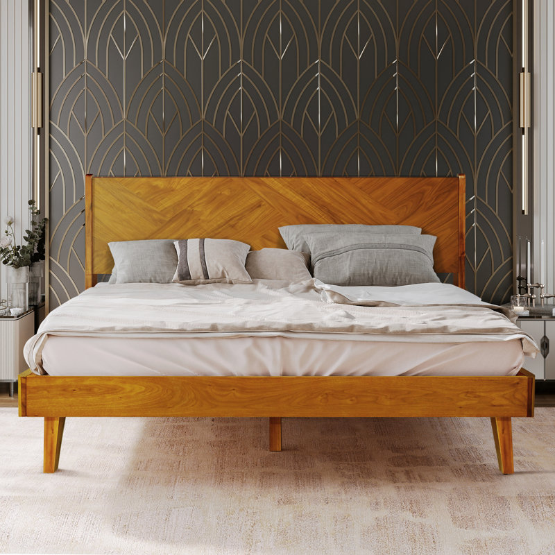 Gazelle Solid Wood Bed Frame with Artistic Patterned Headboard, Caramel, Queen