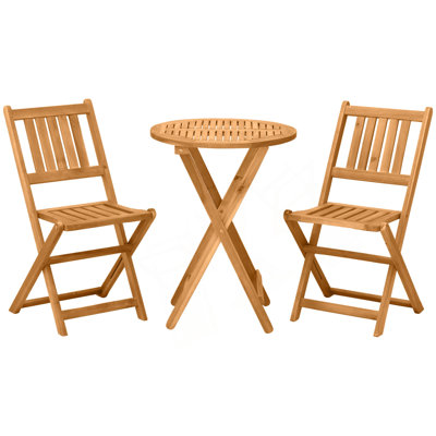 3-Piece Acacia Wood Bistro Set, Folding Patio Furniture With 2 Folding Chairs And Round Coffee Table, Teak, Slatted Finish, For Backyard, Balcony, Deck
