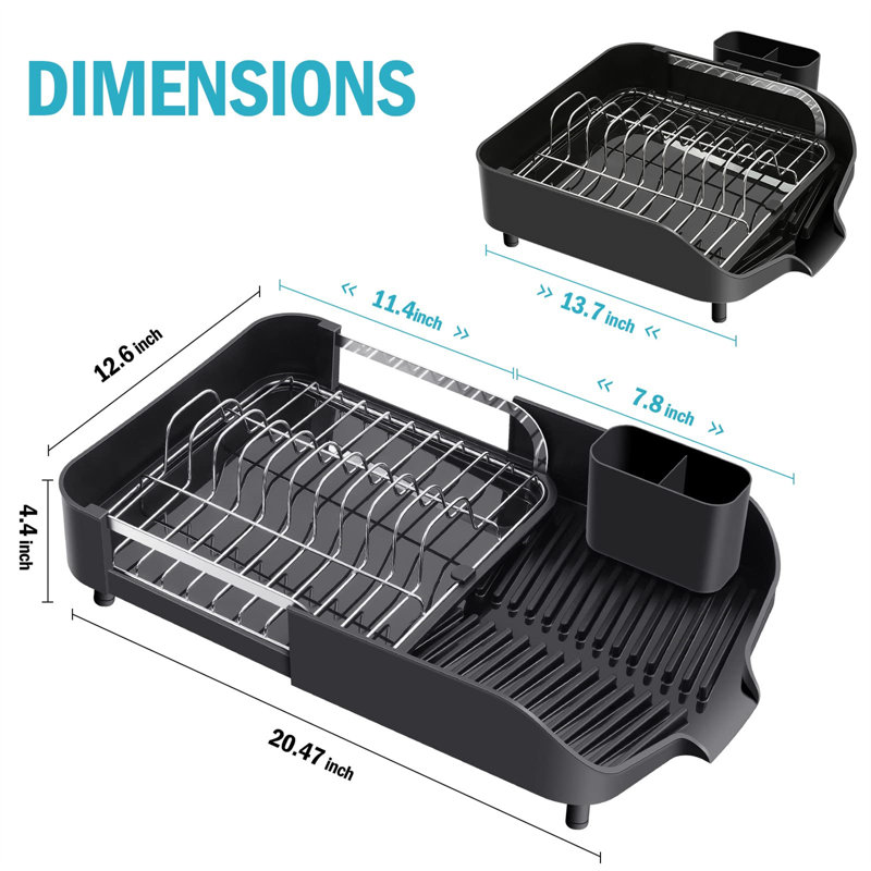 Black Extendable Stainless Steel Dish Drying Rack with Utensil Cup