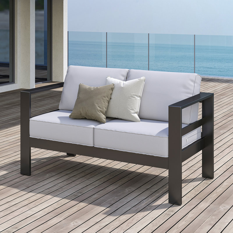 Arnhildur Braidan 53" Wide Aluminum Outdoor Loveseat with Cushions, Dark Gray, Light Gray