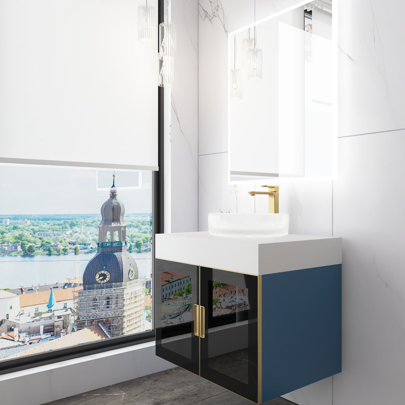 Meuble-lavabo mural moderne de luxe avec comptoir à surface solide de 30 po et vasque ovale en verre, Transparent