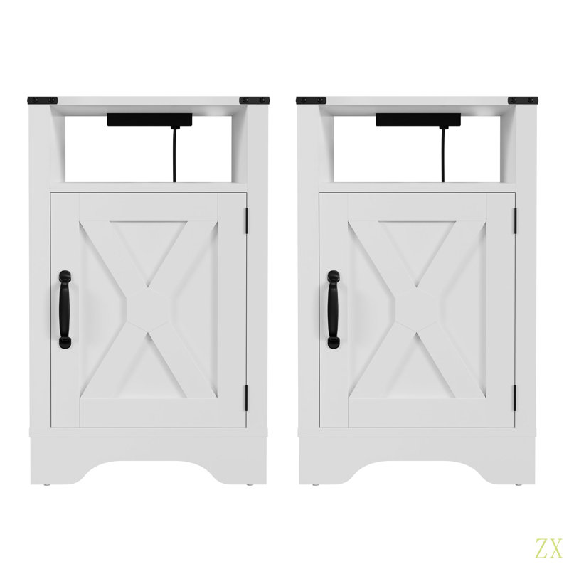 Table de chevet Farmhouse, table de bout rustique en bois, table de chevet haute avec prises de courant (2 ensembles), Blanc
