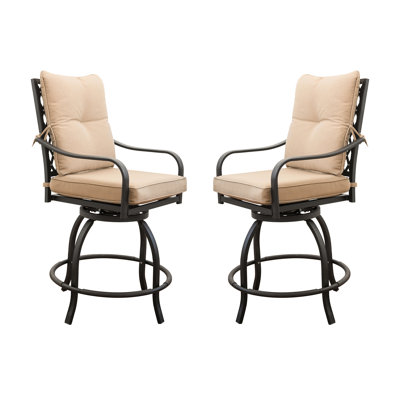 Chaises de bar pivotantes en métal pour l'extérieur - Kaki, avec coussins d'assise et de dossier, 2 pièces pivotant à 360°, construction robuste, confortables pour jardin, balcon ou terrasse.