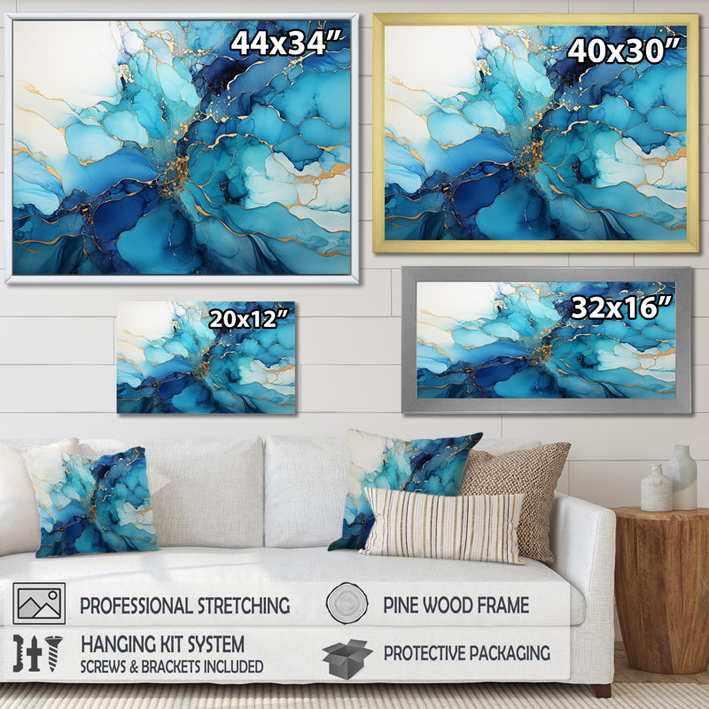 Orage encre dorée et tempête bleue - Décoration murale abstraite, Toile tendue, H 30 po x l 40 po