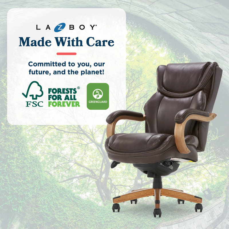 Luxury Coffee Brown Leather Executive Swivel Office Chair with Wood Base