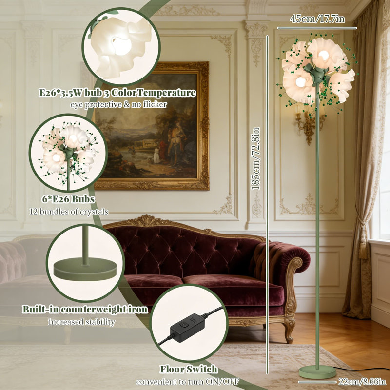 Lampe sur pied en cristal moderne avec motif floral, 6 ampoules à DEL incluses, 3 températures de couleur, grande lampe sur pied pour le salon, la chambre à coucher et le bureau