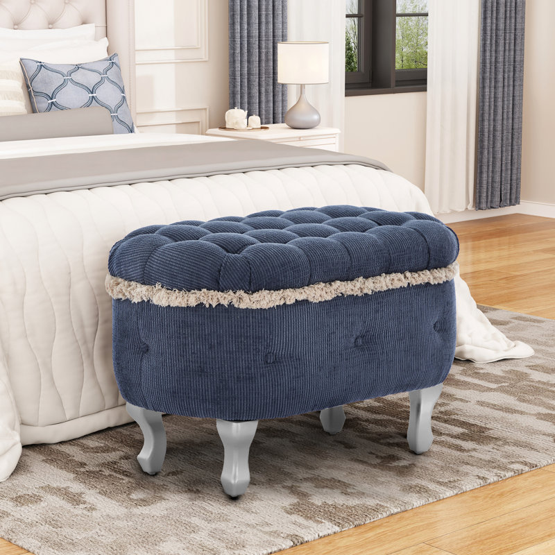 29.5'' Button-Tufted Fabric Storage Bench With Fringe, Multi-Functional Ottoman For Bed End, Entryway Or Window Seating.