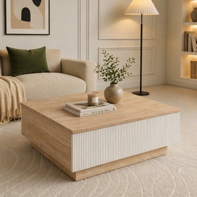 Modern Faux Travertine Coffee Table with Drawer