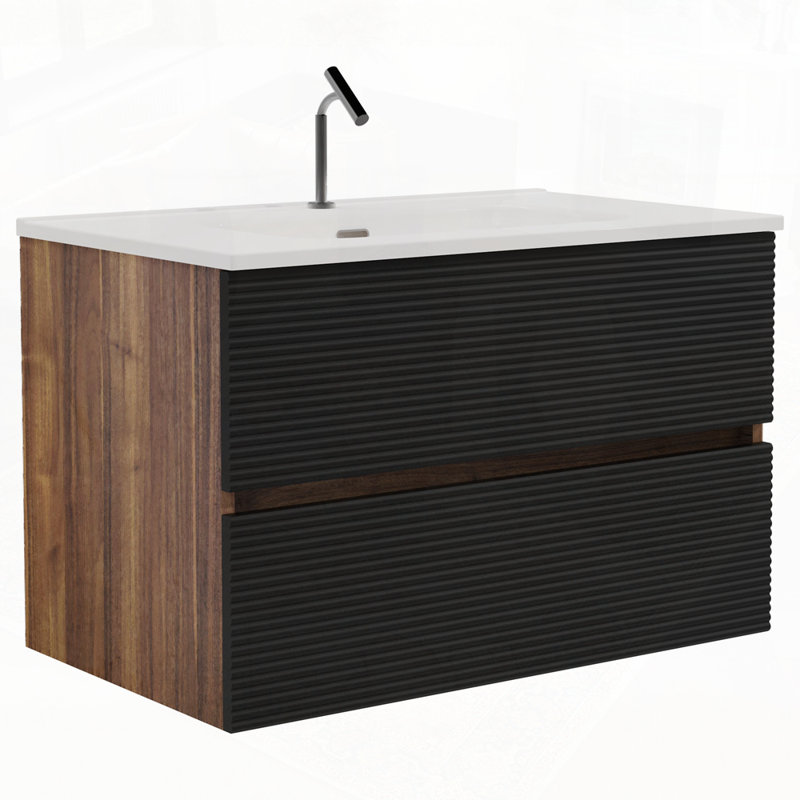 Meuble-lavabo mural avec lavabo en céramique intégré et trop-plein, Noir / brun
