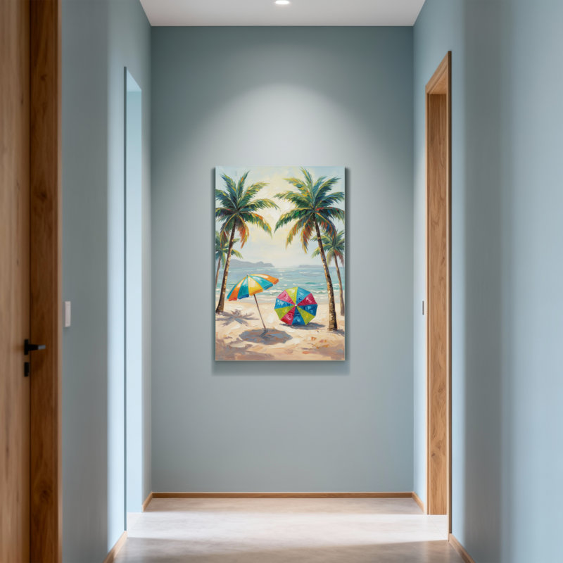 Plantes et fleurs, plage tropicale avec palmiers et parasols colorés, H 48 po x l 32 po