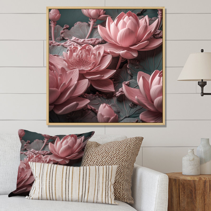 Fleur de lotus rose délicat sur toile, H 24 po x l 24 po x P 1 po, Cadre flottant brun