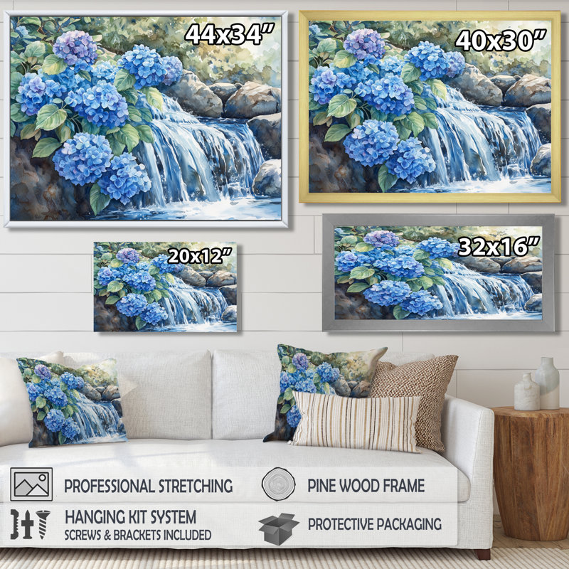 «Ilyena Hydrangeas By The Waterfall II», art mural hortensias, Impression encadrée flottante, H 16 po x l 32 po, Crème, crème